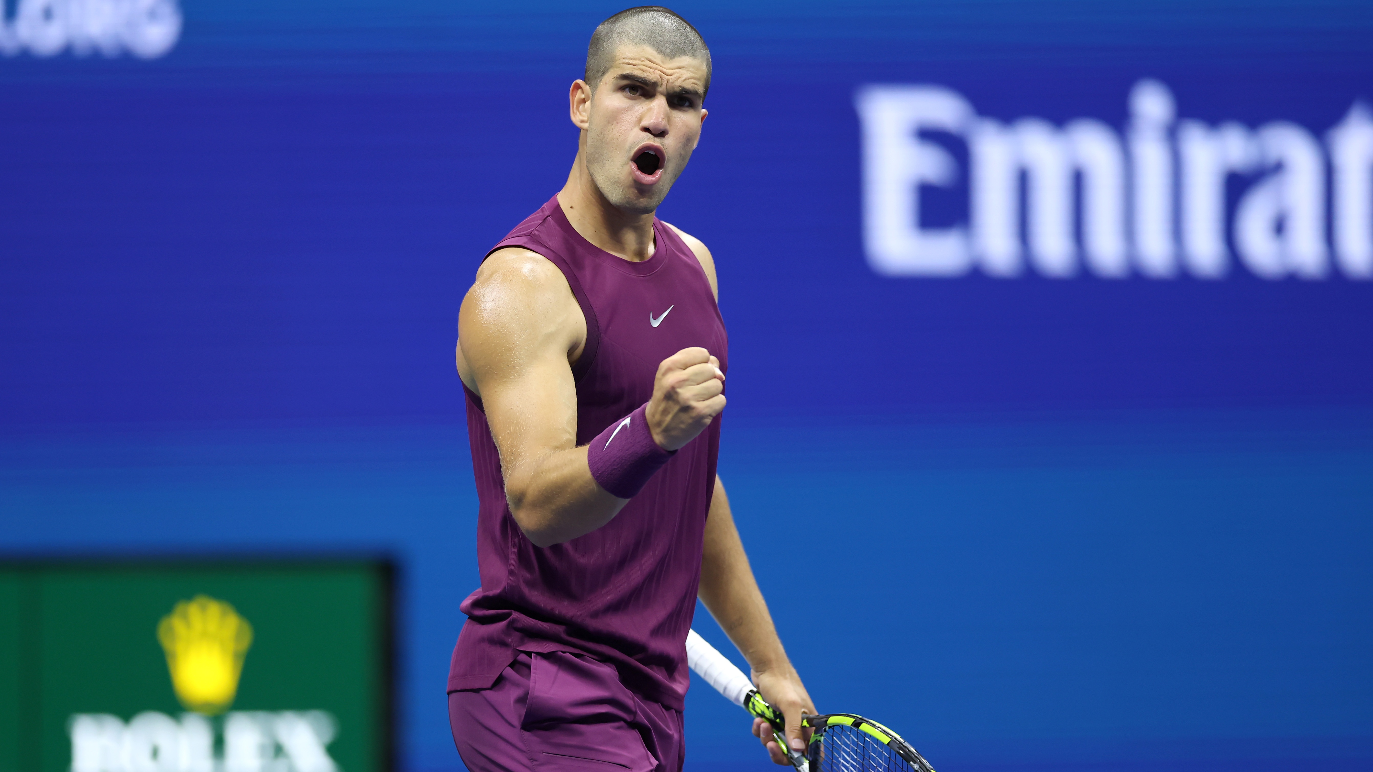 Carlos Alcaraz of Spain celebrates after winning the second set against Reilly Opelka of the United States during their Men&#039;s Singles First Round match on Day Two of the 2025 US Open at USTA Billie Jean King National Tennis Center on August 25, 2025 in the Flushing neighborhood of the Queens borough of New York City.