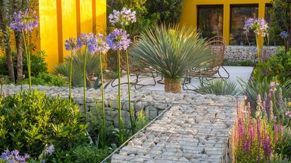landscaping ideas with rocks: Santa Rita Living La Vida 120 Garden - view towards home office studio in Mediterranean climate garden with grey stone paved patio seating area with table and cane chairs - yellow screen wall and planting of drought tolerant plants - Agapanthus 'Blue Storm', Yucca rostrata 'Blue Swan', Pittosporum tobira 'Nanum' and Salvia nemorosa - Designer: Alan Rudden - Sponsor Santa Rita wine - RHS Hampton Court Flower Show July 2018
