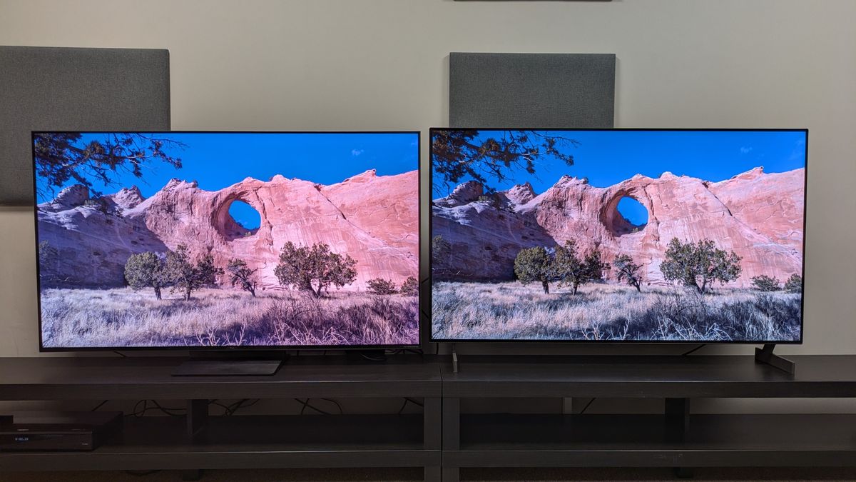 TCL C7L (left) vs LG B6E (right) with shot of canyon cliff on screen