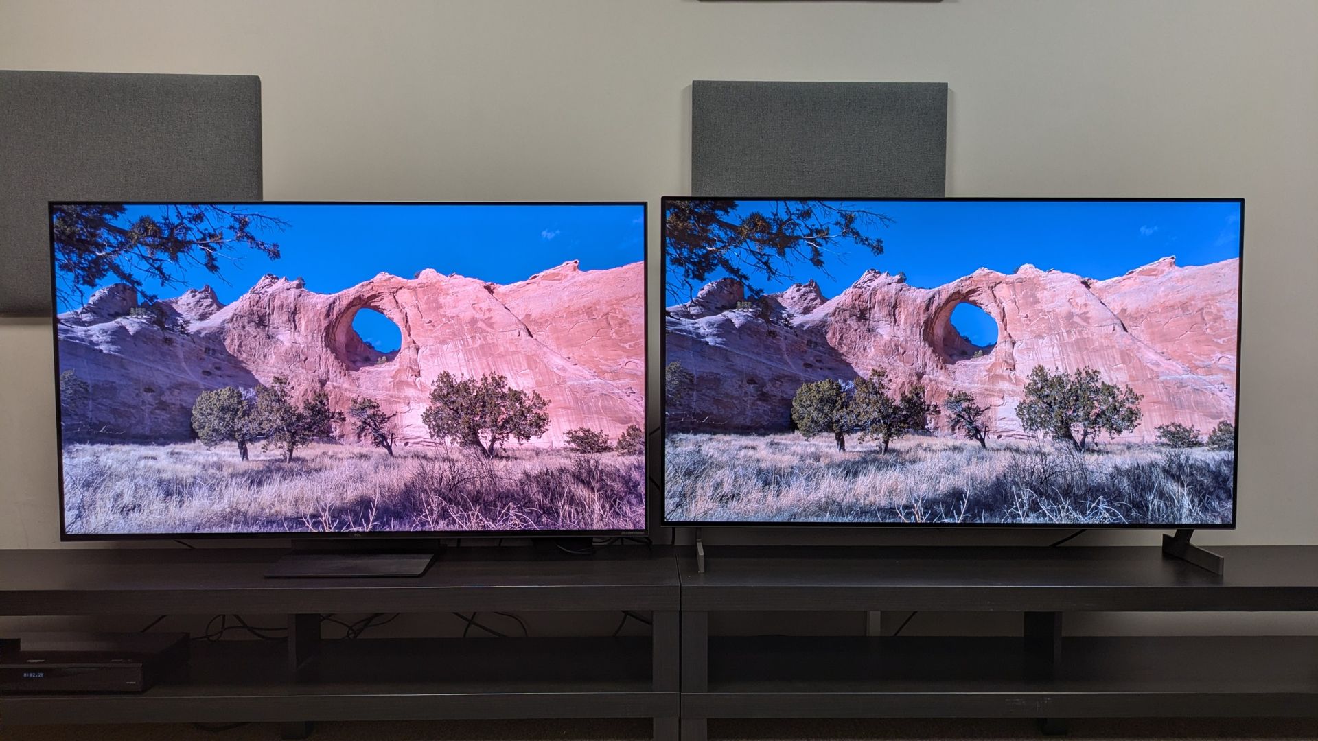 TCL C7L (left) vs LG B6E (right) with shot of canyon cliff on screen