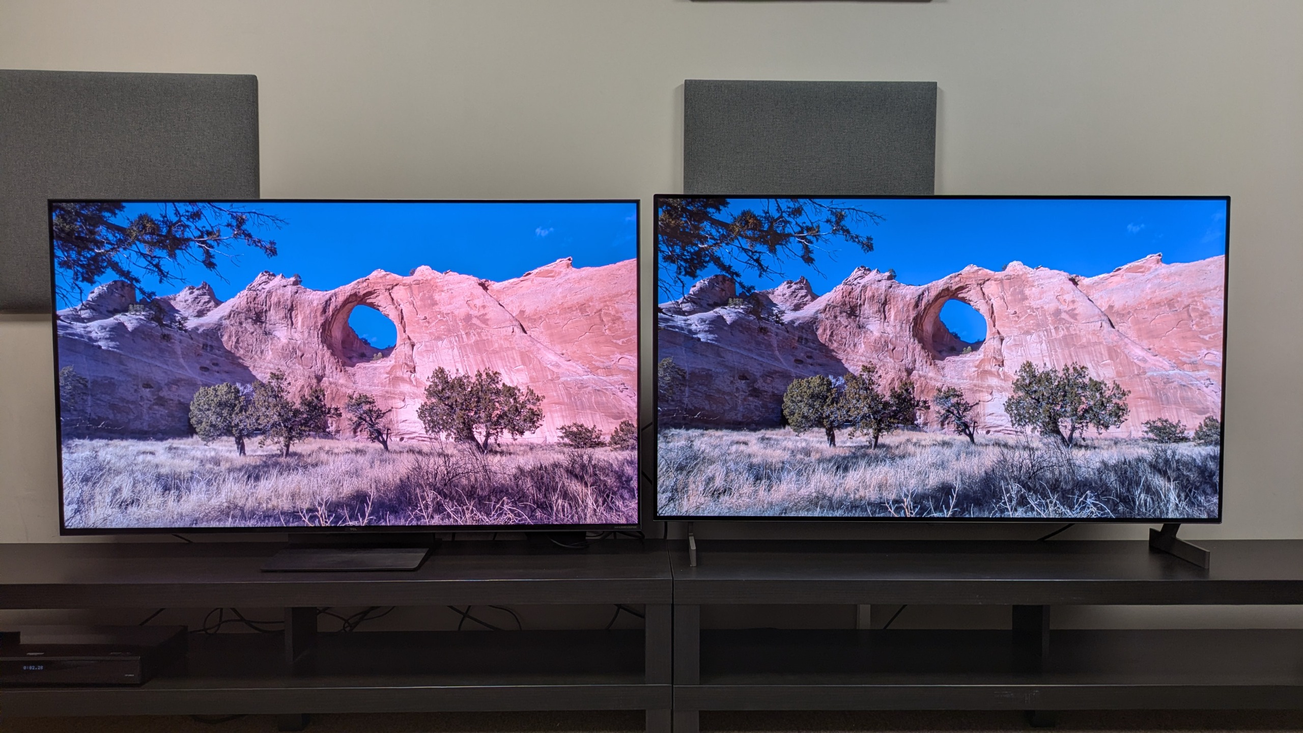 TCL C7L (left) vs LG B6E (right) with shot of canyon cliff on screen