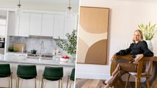 Split image of white kitchen and designer Hillary Cohen