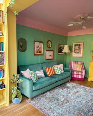 Colorful living room with green couch