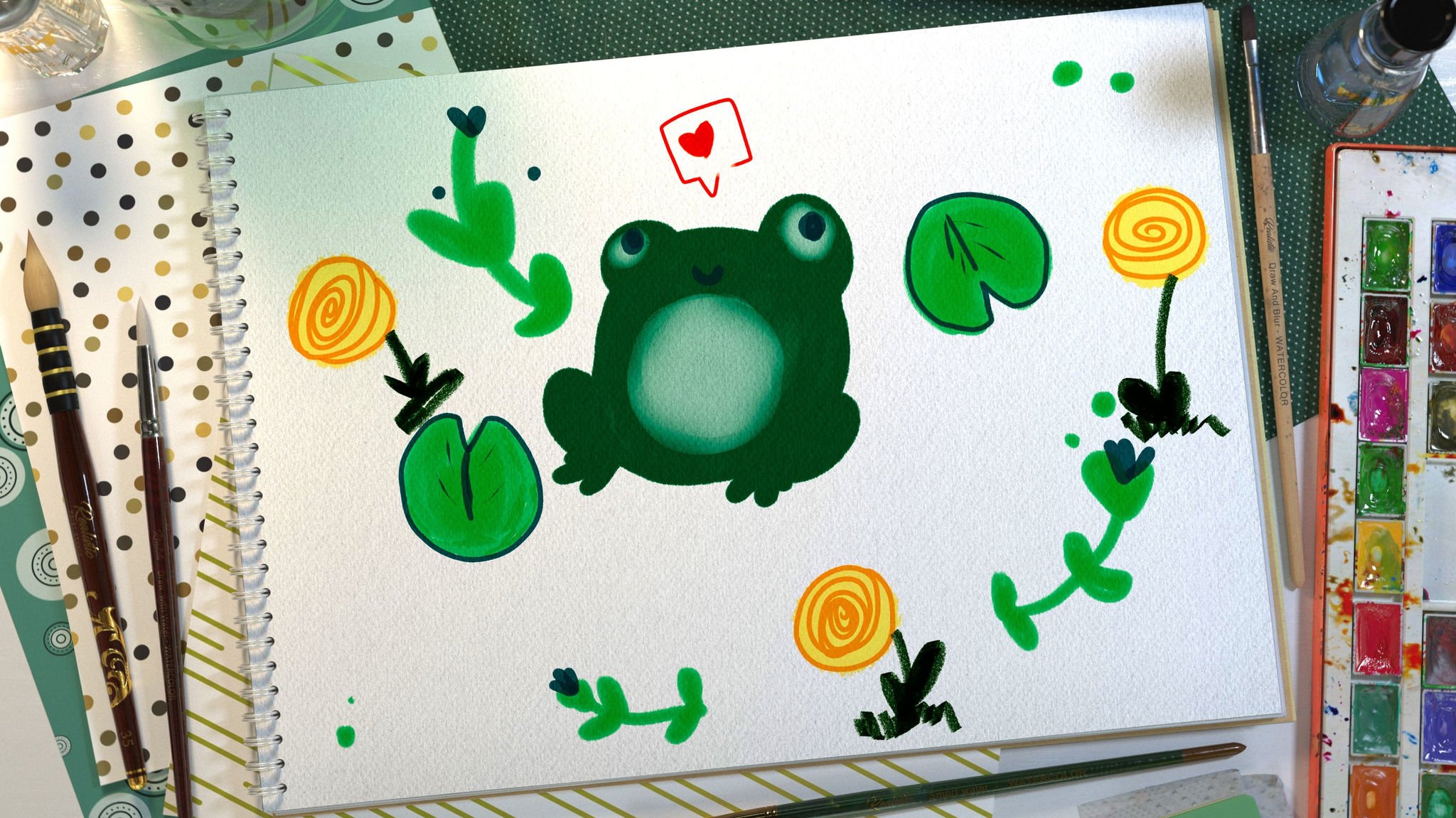 Realistic Paint Studio Frog Green Flatlay Social Media