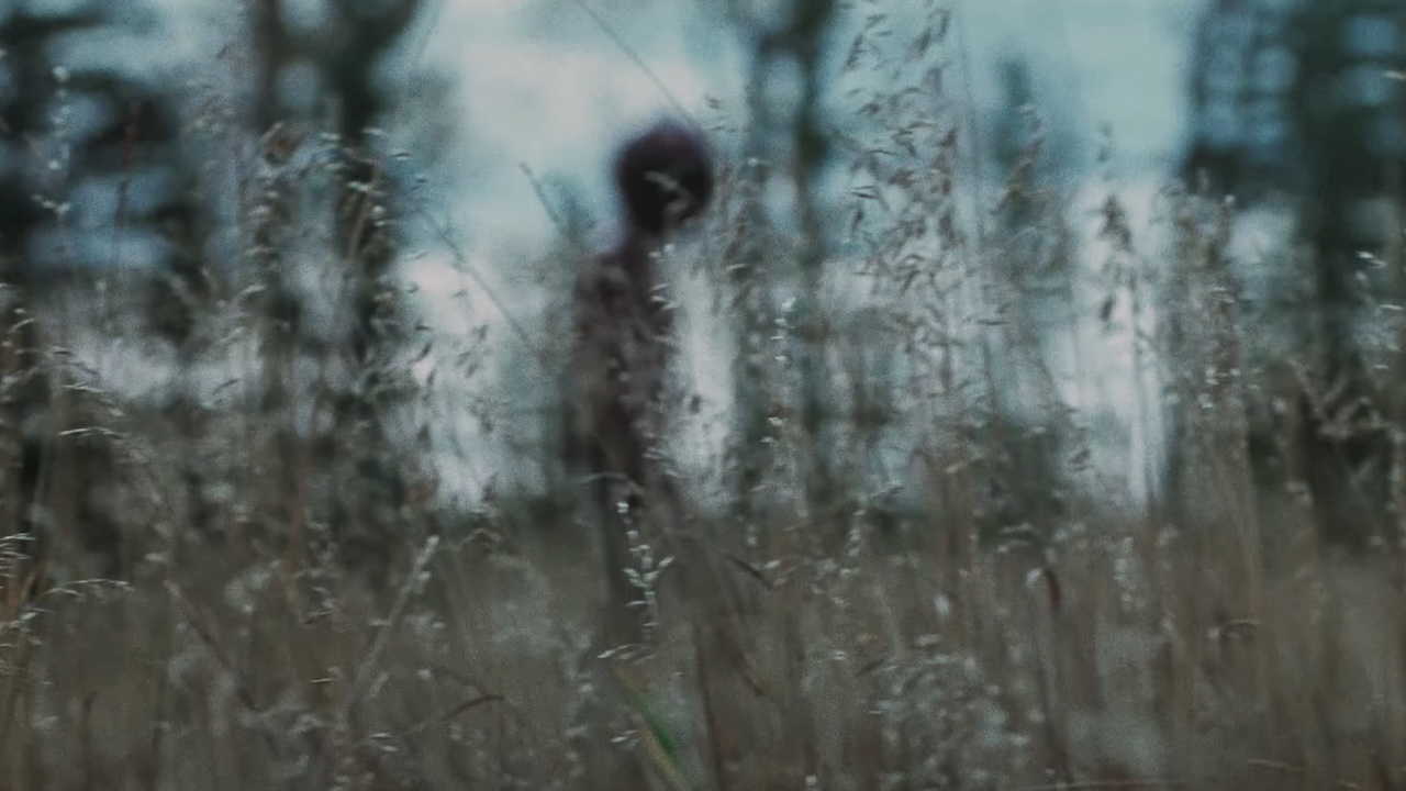 Unrecognizable shape of a person walking through the grass in Die, My Love