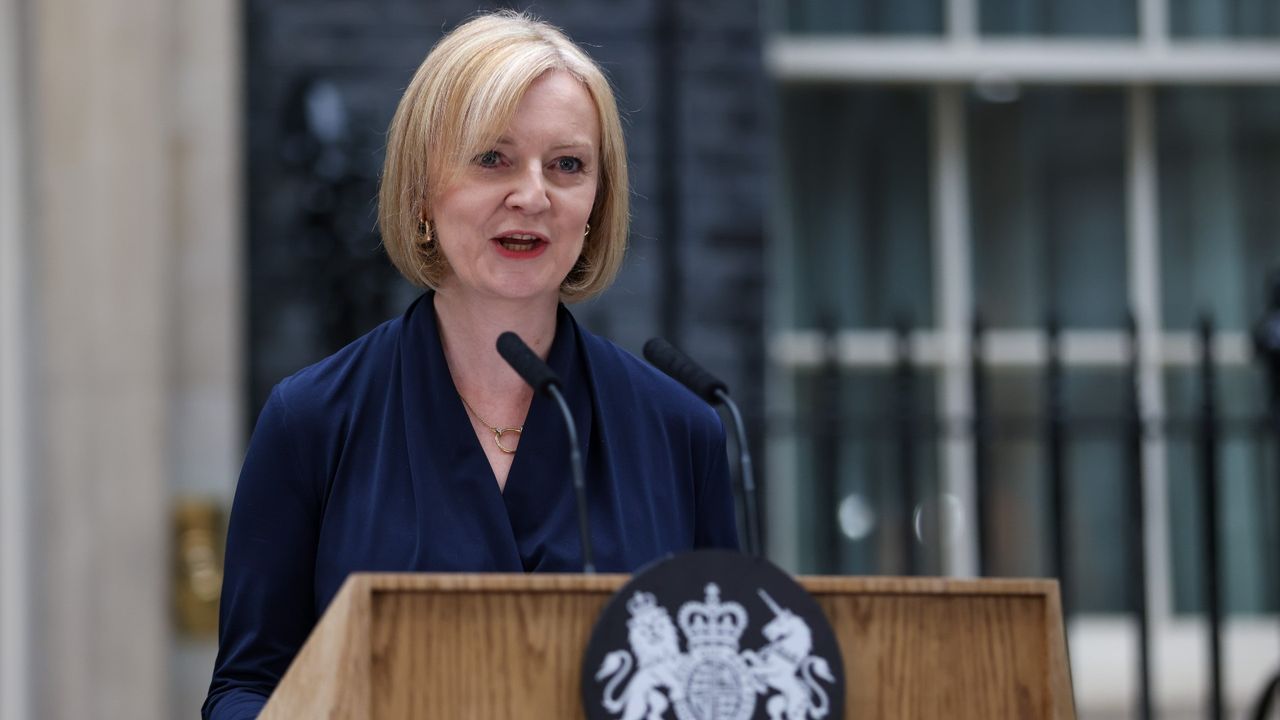 Liz Truss, UK prime minister, delivers her first speech as premier outside 10 Downing Street in London, UK, on Tuesday, Sept. 6, 2022.