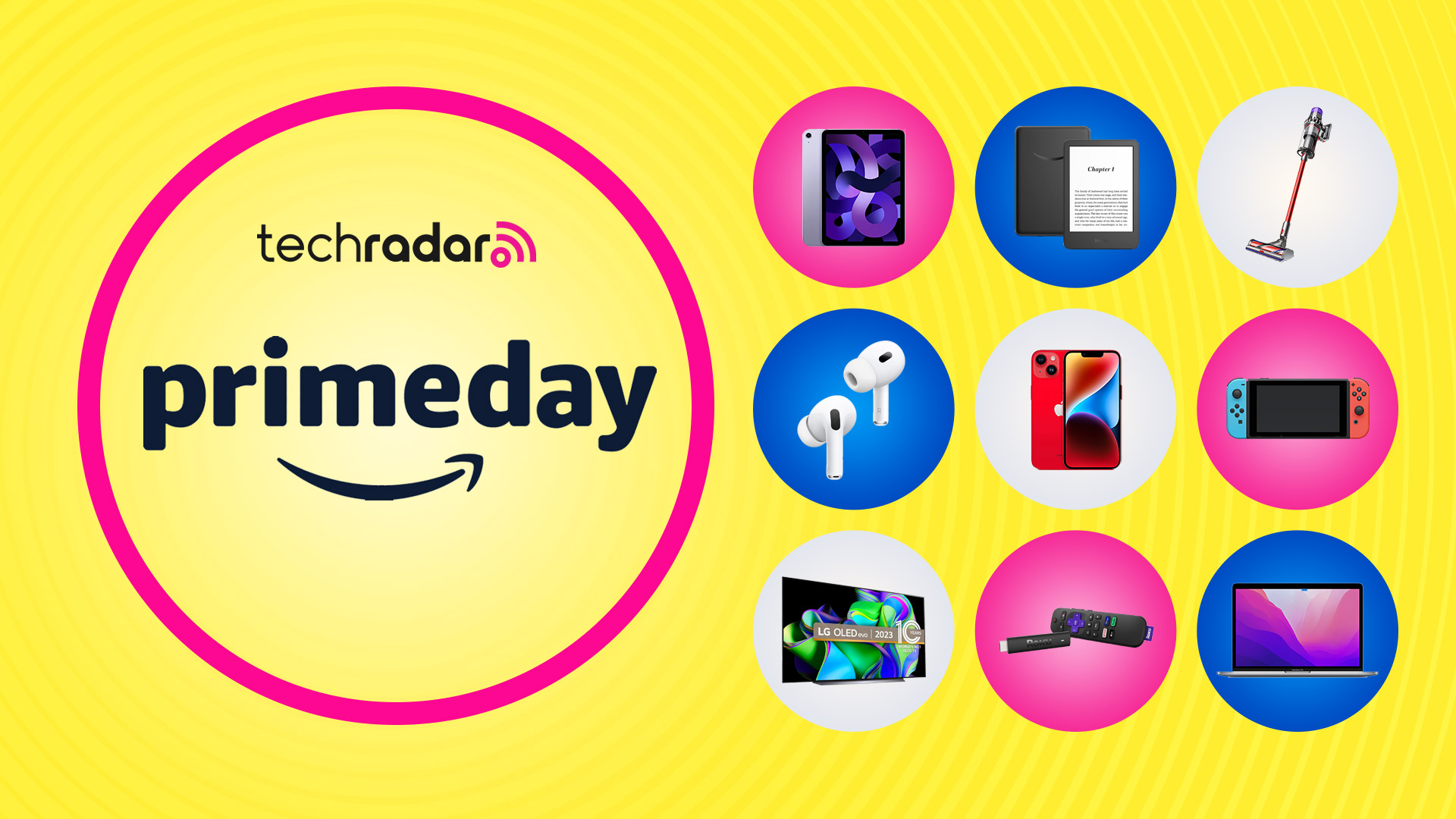 A selection of products including iPad, iPhone, MacBook, Sony headphones and LG TV on a yellow background next to text reading TechRadar Prime Day