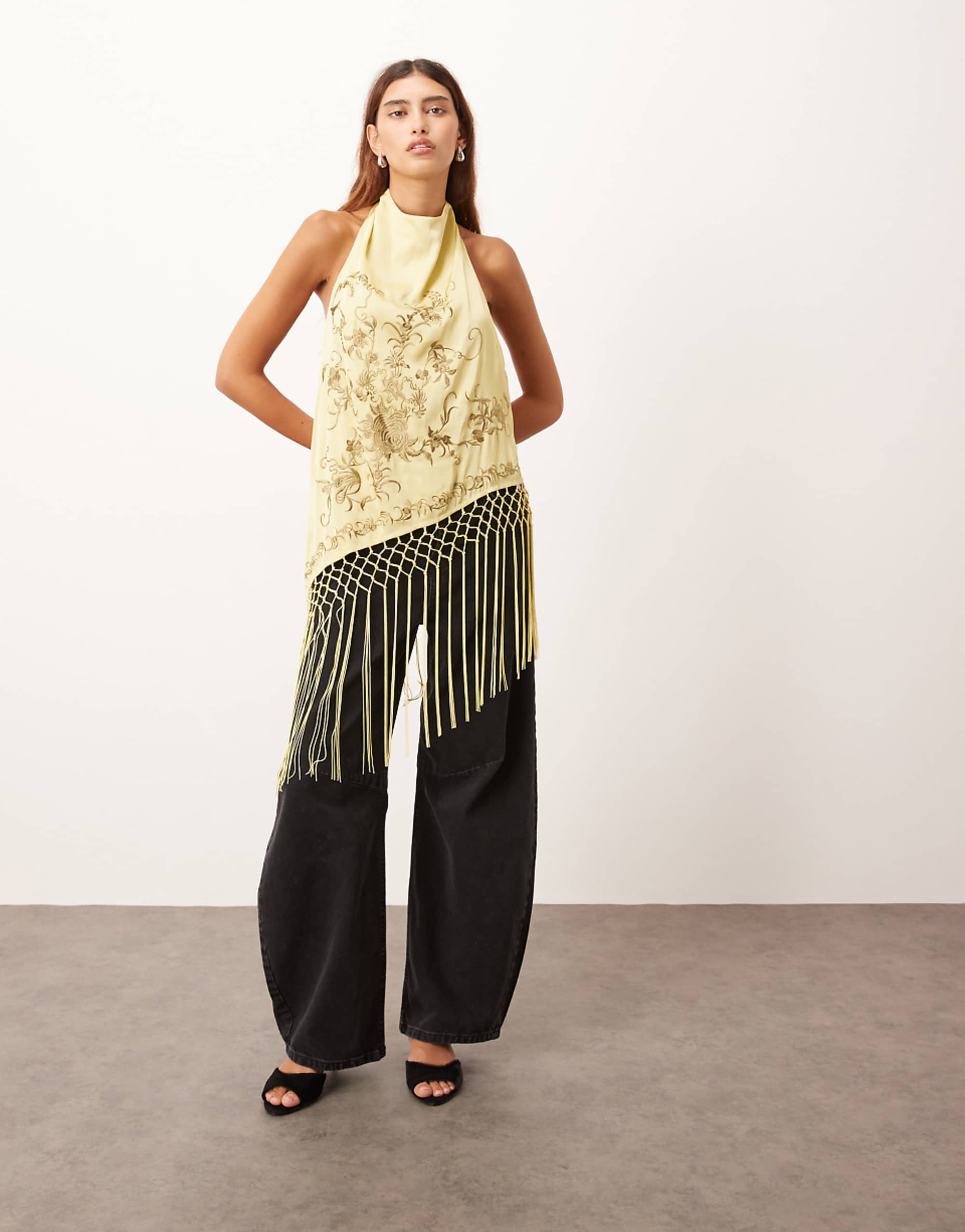 Arrange Embroidered Halterneck Asymmetric Fringe Hem Longline Top in Olive Green