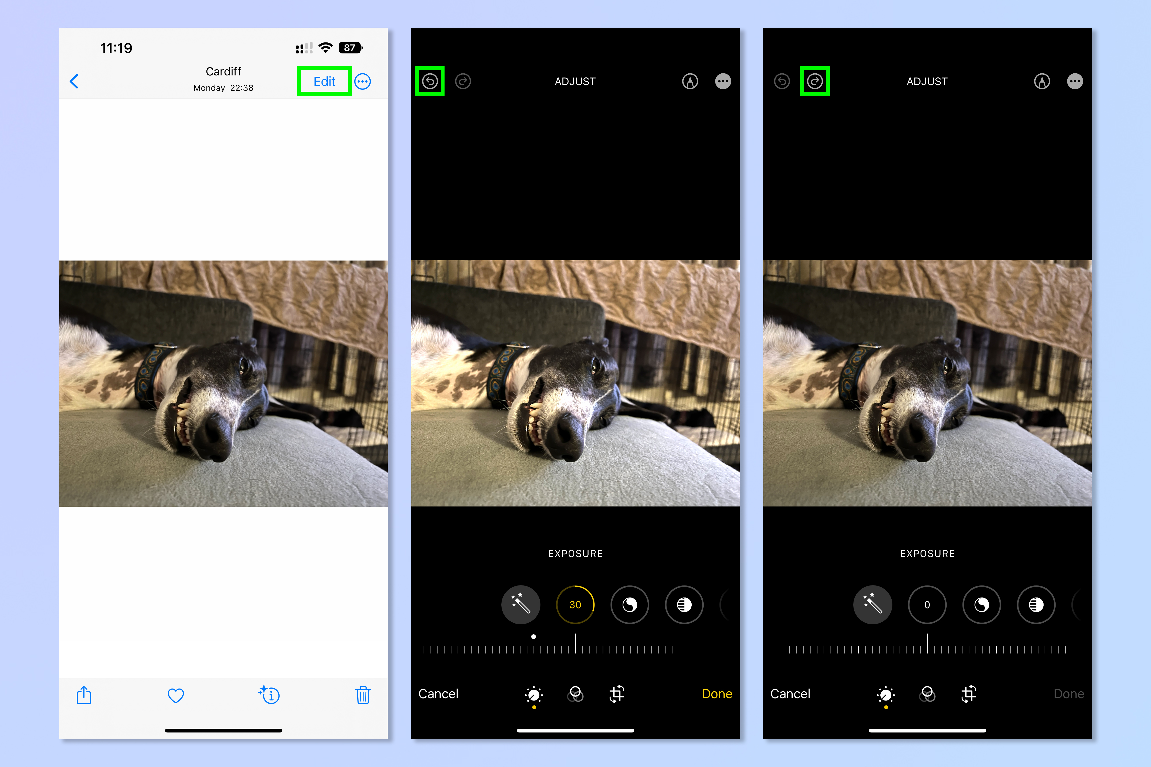 Скриншоты, показывающие шаги, необходимые для использования новых функций iOS Photos в iOS 16.