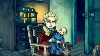 A young blonde girl sits on a rocking chair with a creepy doll in hand