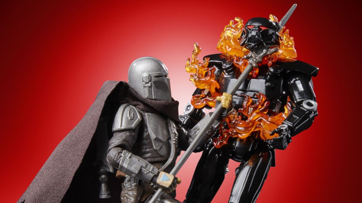 Star Wars The Vintage Collection The Rescue closeup image of the Mandalorian attacking a Dark Trooper