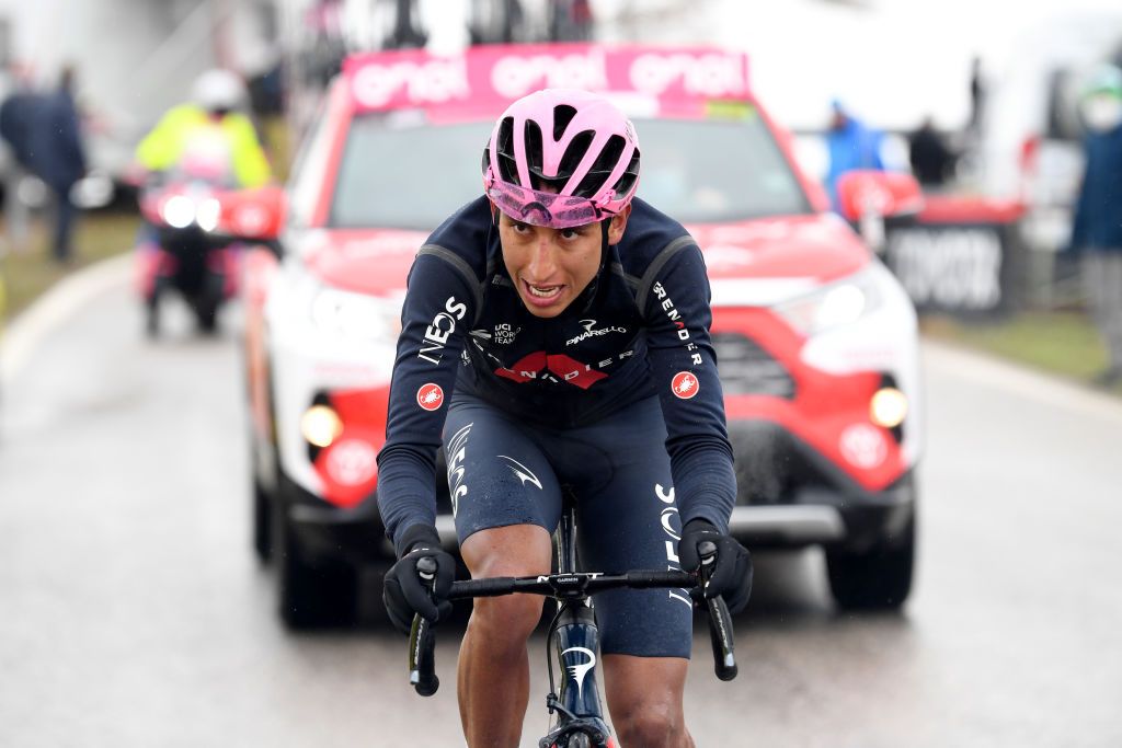 CORTINA DAMPEZZO ITALY MAY 24 Egan Arley Bernal Gomez of Colombia and Team INEOS Grenadiers Pink Leader Jersey passing through Passo Giau 2233m during the 104th Giro dItalia 2021 Stage 16 a 153km stage shortened due to bad weather conditions from Sacile to Cortina dAmpezzo 1210m girodiitalia Giro on May 24 2021 in Cortina dAmpezzo Italy Photo by Tim de WaeleGetty Images