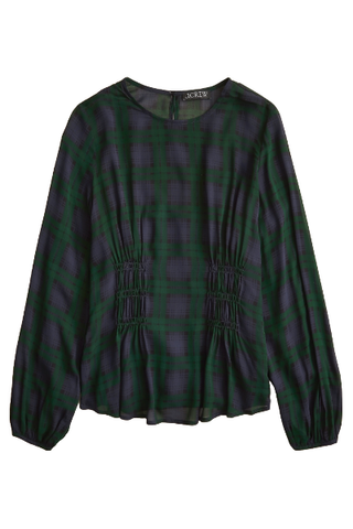 J.Crew Chiffon Shirred-Waist Top in Black Watch Tartan (Was $128) 