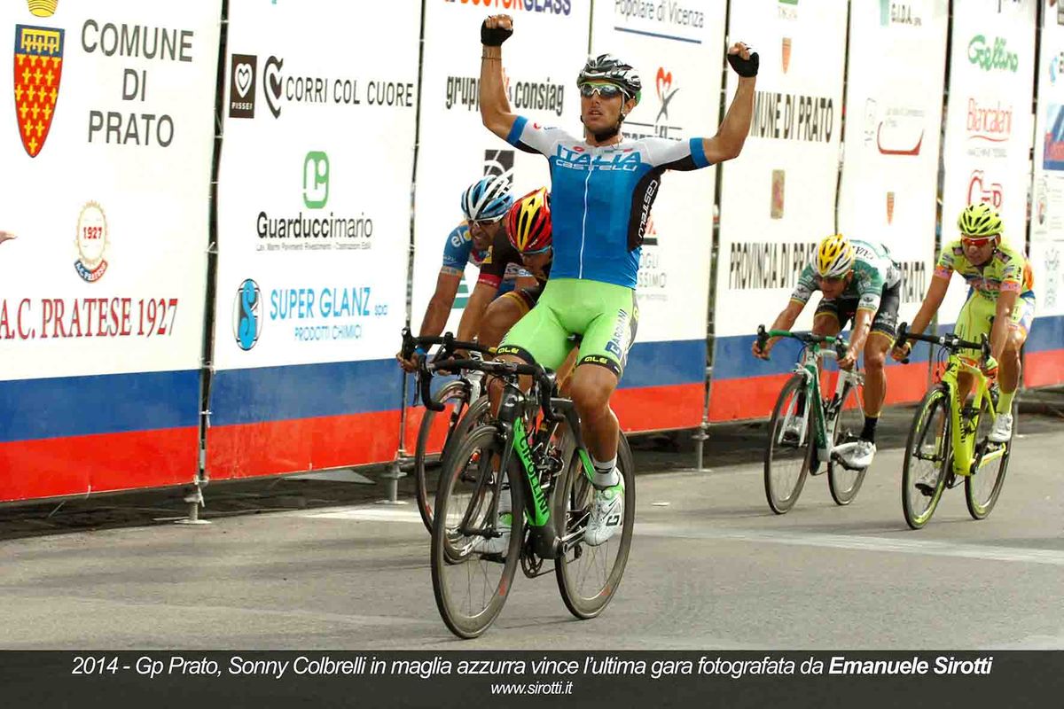 Sirotti's last race photo captured Sonny Colbrelli winning the 2014 GP Prato while riding for the Italian national team