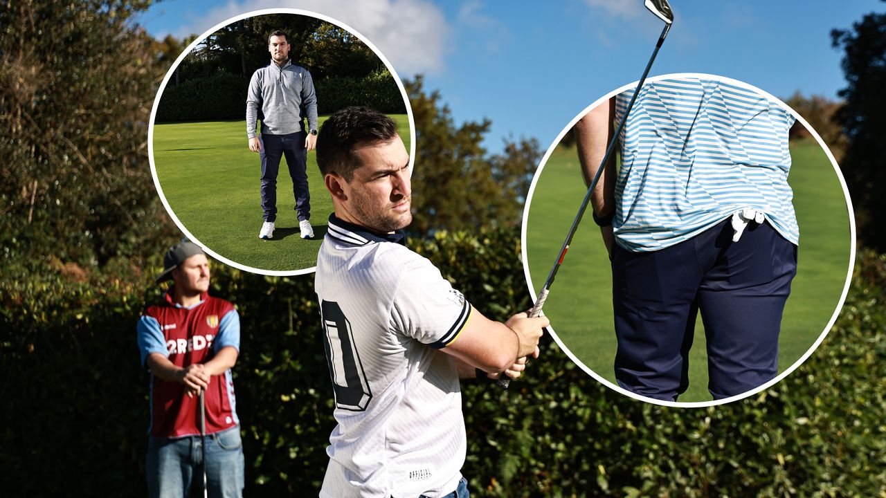 Sam De'Ath and Nick Bonfield wearing a football shirt and jeans on the golf course, clearly not abiding by golf's dress code, with inset images of an untucked shirt and Sam De'Ath in the correct golfing attire