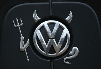 A VW logo dressed up to look evil