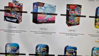 A selection of Pokemon card listings with 'sold out' over the top