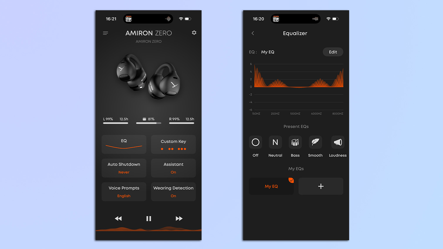 Screenshots from the Beyerdynamic app of controls for the Beyerdynamic Amiron ZERO earbuds