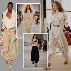 collage of women wearing balloon pants on the spring 2026 runways 