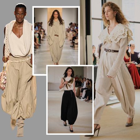 collage of women wearing balloon pants on the spring 2026 runways 