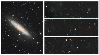 A collage of several galaxy images. The one on the left takes up nearly half of the screen and showcases a diagonal, edge-on view of a hazy realm.
