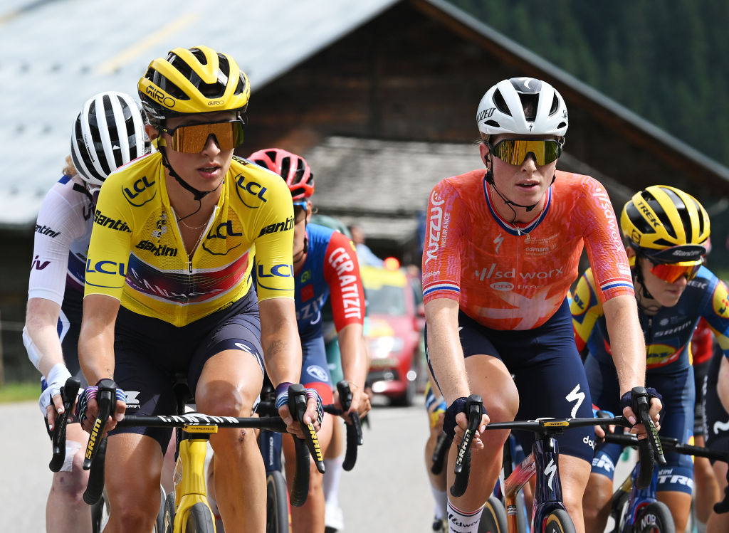LE GRAND BORNAND, FRANCE - AUGUST 17: (L-R) Katarzyna Niewiadoma of Poland and Team Canyon//SRAM Racing - Yellow leader jersey and Demi Vollering of The Netherlands and Team SD Worx - Protime compete during the 3rd Tour de France Femmes 2024, Stage 7 a 166.4km stage from Champagnole to Le Grand Bornand 1265m / #UCIWWT / on August 17, 2024 in Le Grand Bornand, France. (Photo by Dario Belingheri/Getty Images)