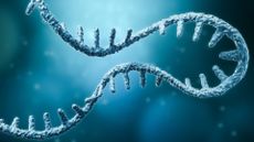 Medical illustration of a strand of messenger RNA (mRNA) in light blue against a gradient blue background