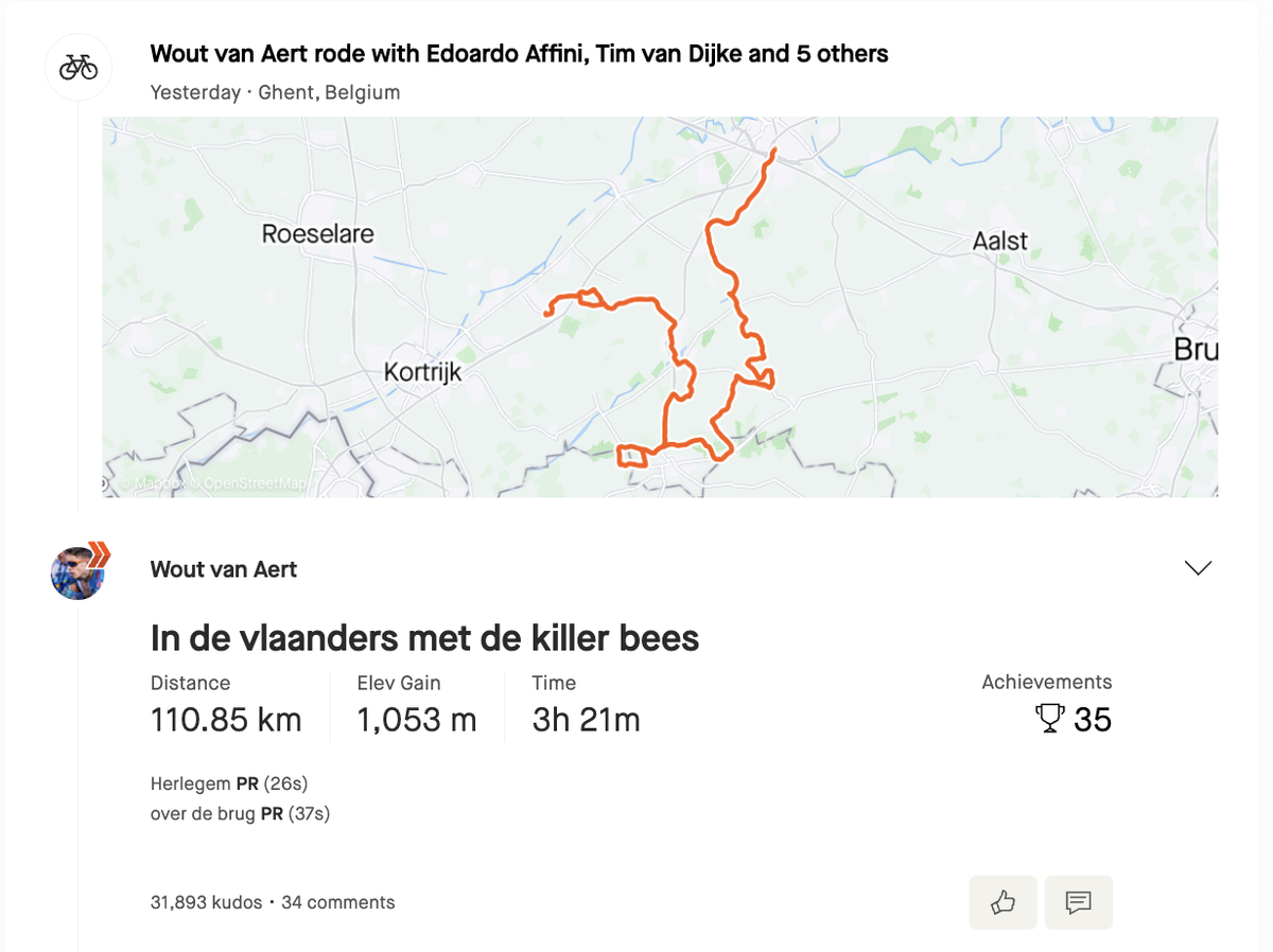 Wout van Aert's November 2023 Flanders recon training rides on Strava