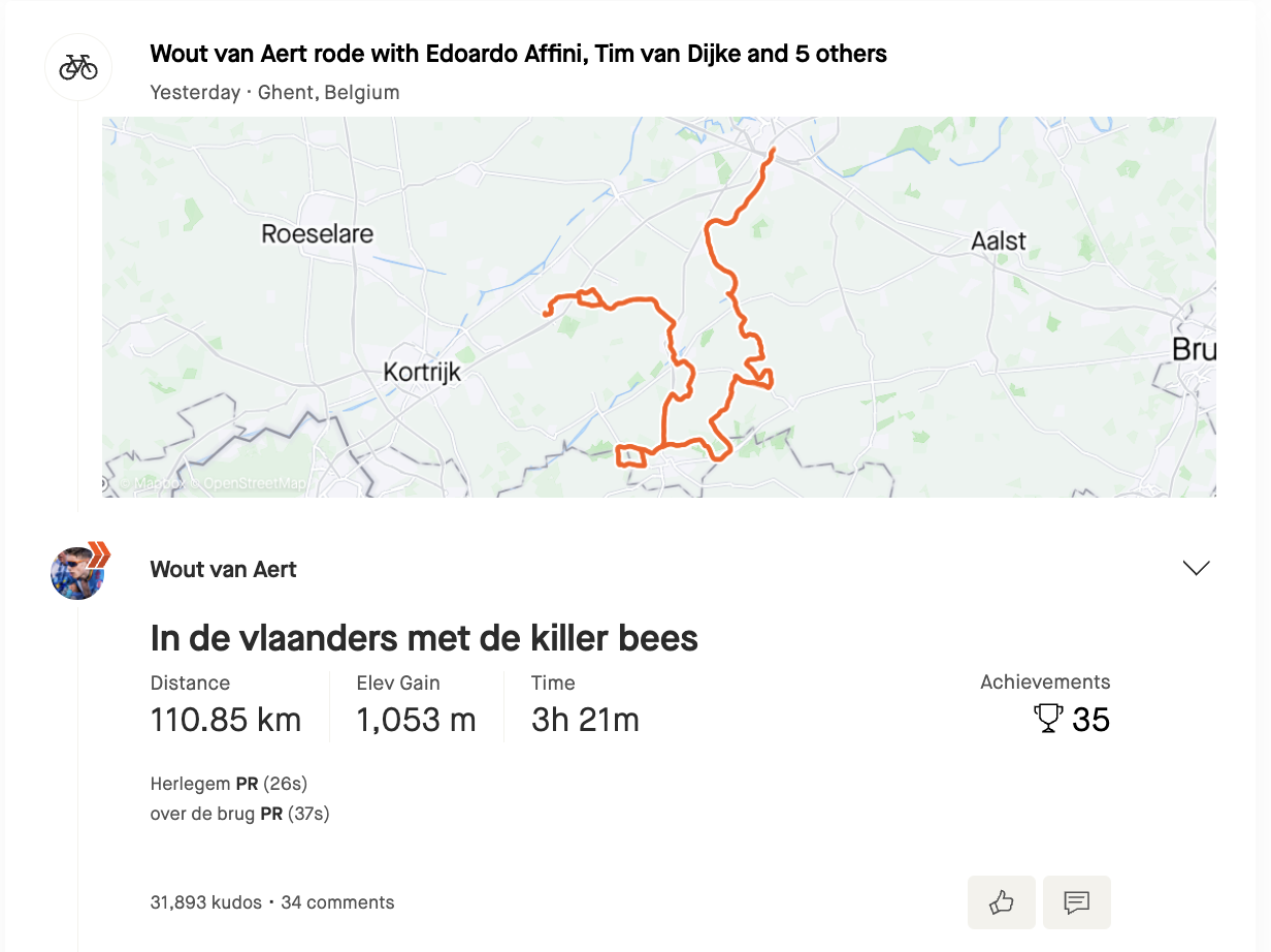 Wout van Aert's November 2023 Flanders recon training rides on Strava