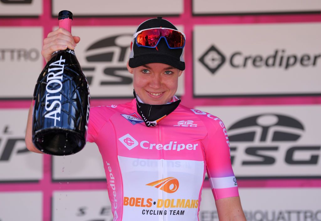 SANMARCOLACATOLA ITALY SEPTEMBER 18 Podium Anna Van Der Breggen of The Netherlands and Boels Dolmans Cycling Team Pink Leader Jersey Celebration Champagne during the 31st Giro dItalia Internazionale Femminile 2020 Stage 8 a 915km stage from Castelnuovo della Daunia to San Marco la Catola 640m GiroRosaIccrea GiroRosa on September 18 2020 in San Marco la Catola Italy Photo by Luc ClaessenGetty Images