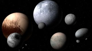 Dwarf planets and moons, illustration.