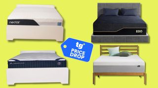 A yellow background featuring Amazon mattresses from the brands DreamCloud, Nectar, EGOHOME, and Zinus. In the center foreground, there is a price drop deals badge. 