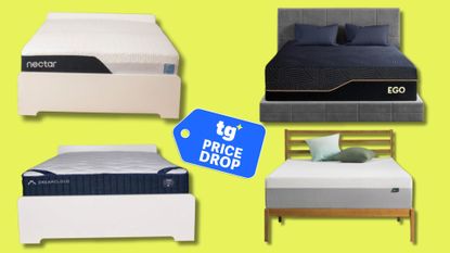 A yellow background featuring Amazon mattresses from the brands DreamCloud, Nectar, EGOHOME, and Zinus. In the center foreground, there is a price drop deals badge. 