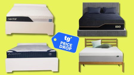 A yellow background featuring Amazon mattresses from the brands DreamCloud, Nectar, EGOHOME, and Zinus. In the center foreground, there is a price drop deals badge. 