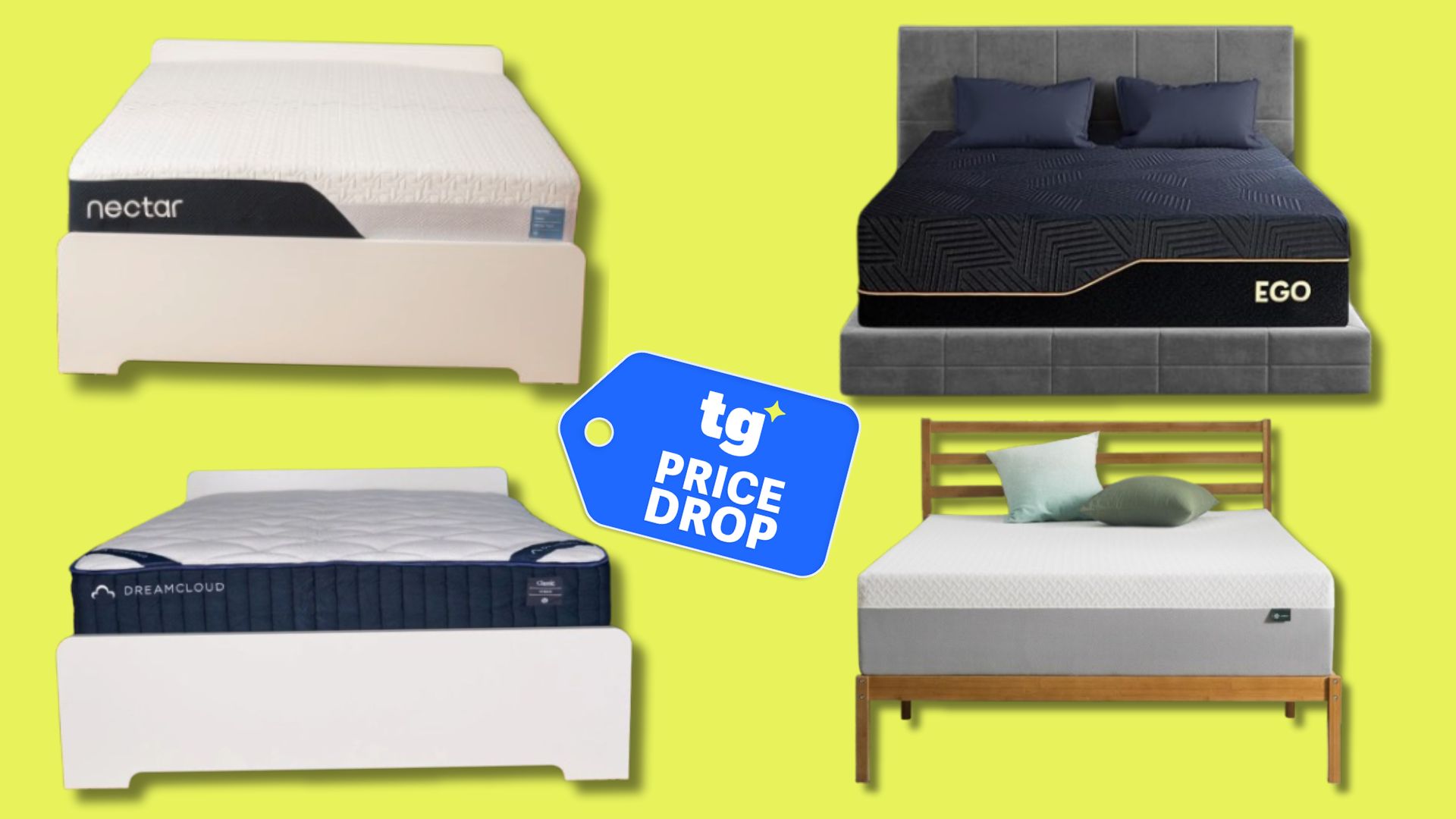 A yellow background featuring Amazon mattresses from the brands  DreamCloud, Nectar, EGOHOME, and Zinus. In the center foreground, there is a price drop deals badge. 