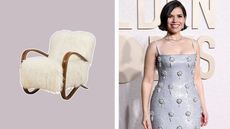 The Jindrich Halabala Mongolian sheepskin chair next to a picture of America Ferrera at the Golden Globes