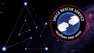 a circular patch with the words &quot;space rescue service&quot; sits against a photo of deep space, showing stars and purple gas clouds