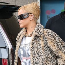 Rihanna spotted in los angeles with giant gucci sunglasses and a leopard coat
