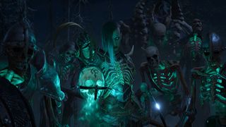 The Diablo 4 Necromancer creeps towards the screen with the undead in tow