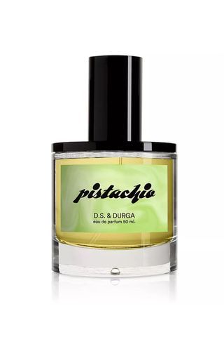 D.S. & Durga Pistachio Eau De Parfum in small bottle with green swirly label and long black cap on white background 