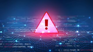 A pink triangle with a red exclamation mark inside on a blue digital landscape