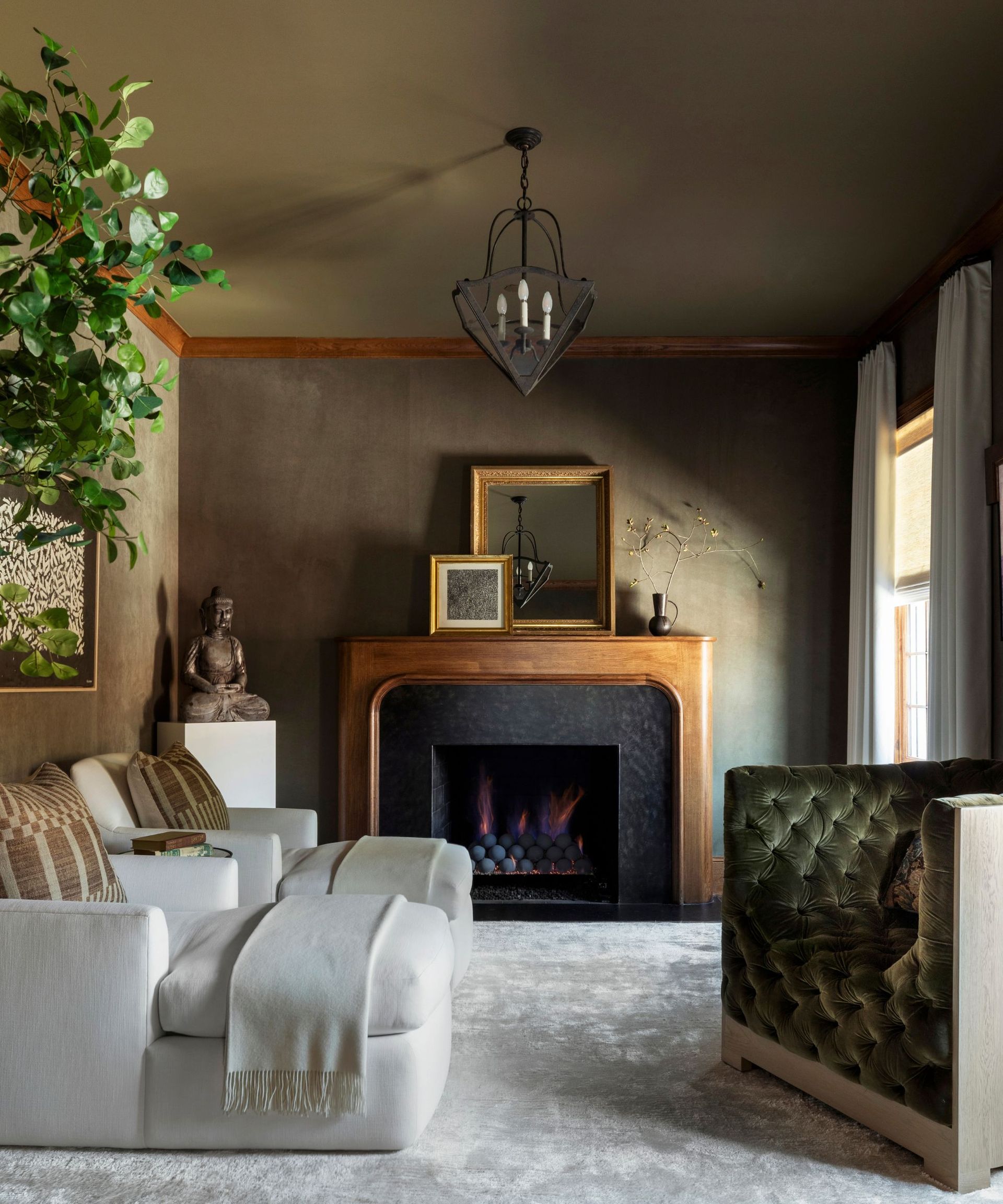 brown color drenched cozy living room