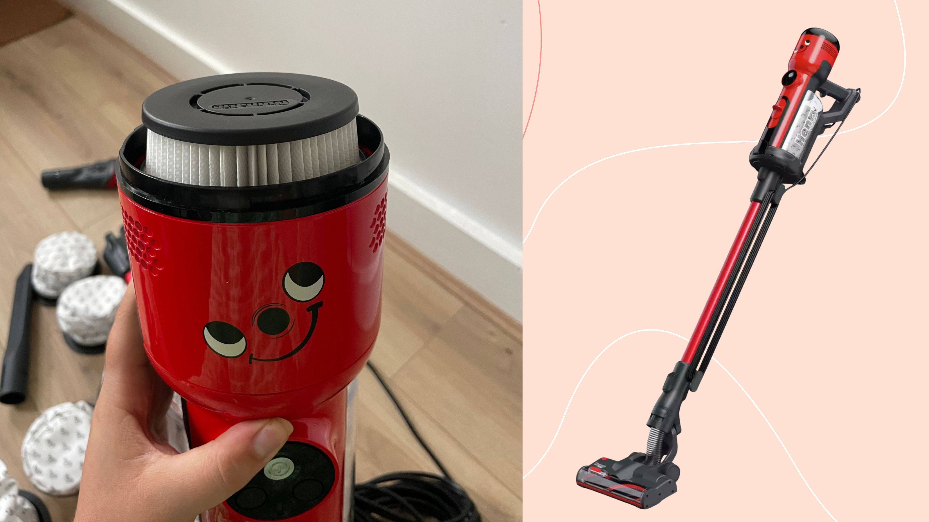 Close-up of Henry corded stick vacuum on the left, and a cut-out of the entire model on a pink background on the right