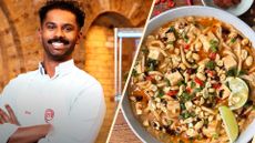 An image of the Masterchef winner, Brin Pirathapan, next to the curry that he recommends making in a microwave