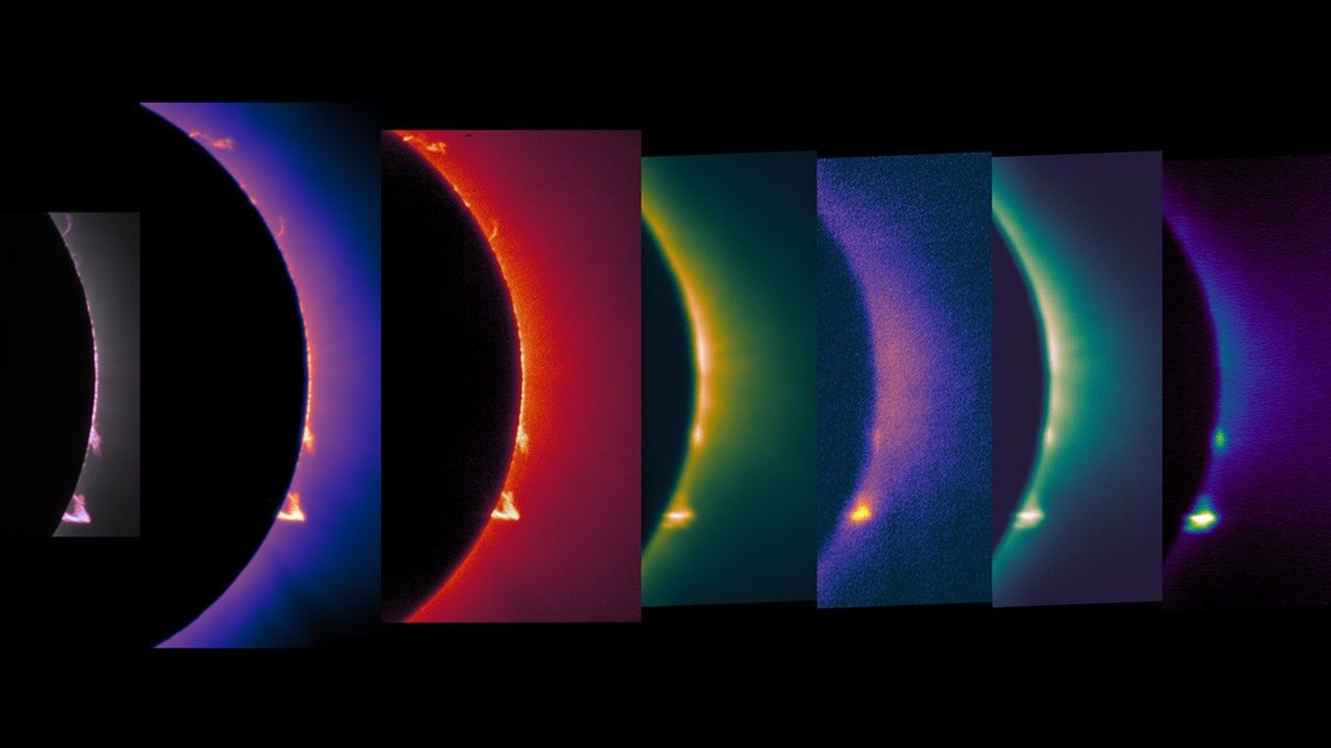Seven vertical stripes, each showing a sliver of the sun's right ride with a little eruption leaping off. They're all different colors.