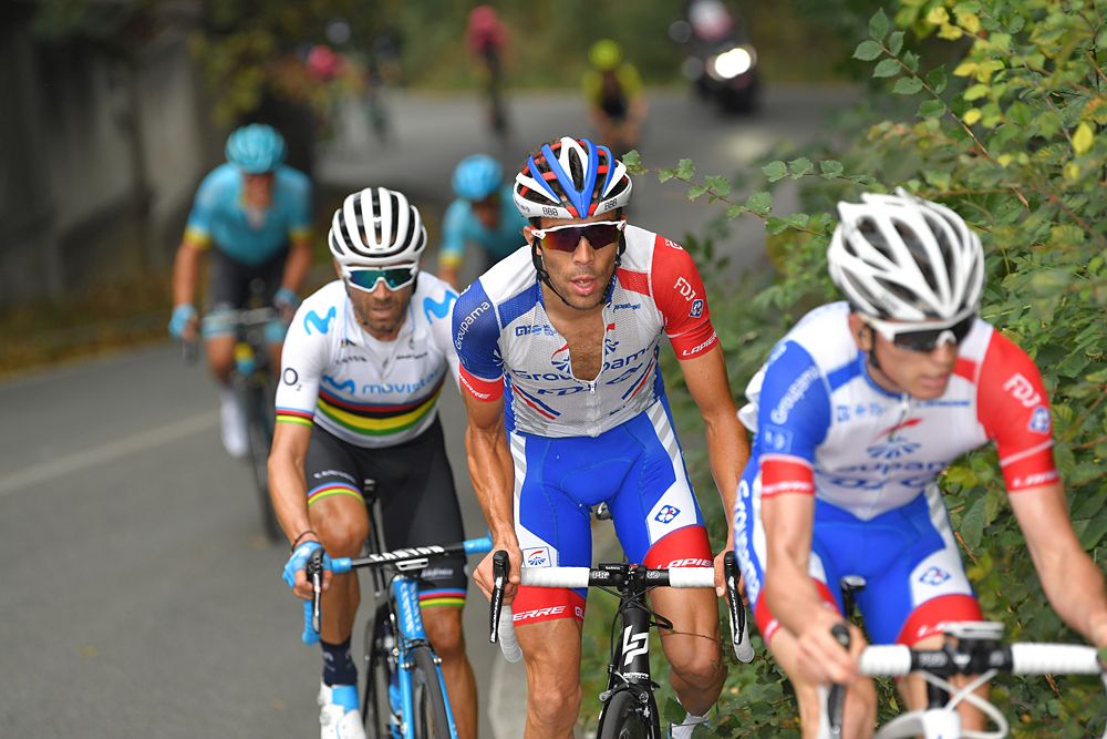 New world champion Alejandro Valverde (Movistar) follows Thibaut Pinot (Groupama-FDJ) on the final ascent at Milano-Torino 2018