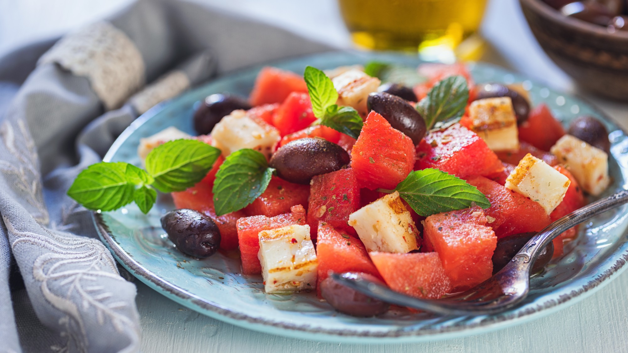 watermelon, halloumi, olive and mint salad