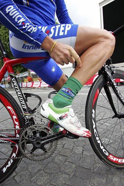 Tom Boonen points out his green socks.