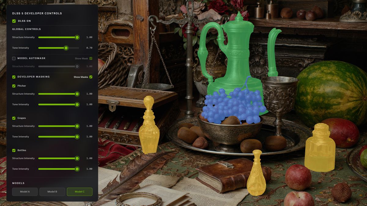 Nvidia slides demonstrating the developer masking controls within DLSS 5