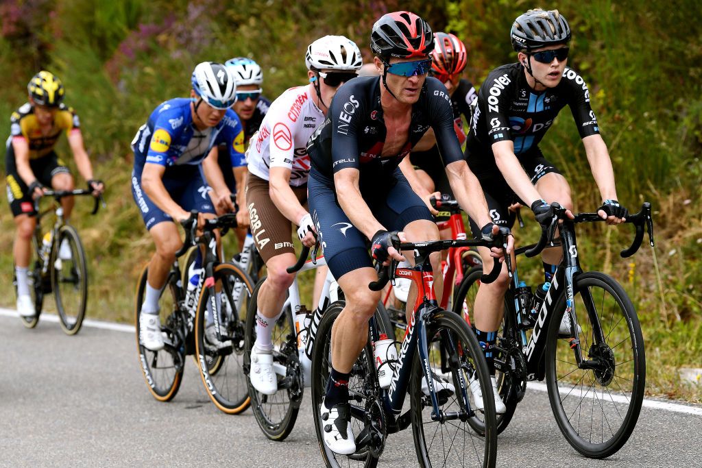 ALTU DEL GAMONITEIRU SPAIN SEPTEMBER 02 LR Salvatore Puccio of Italy and Team INEOS Grenadiers and Michael Storer of Australia and Team DSM compete during the 76th Tour of Spain 2021 Stage 18 a 1626km stage from Salas to Altu dEl Gamoniteiru 1770m lavuelta LaVuelta21 on September 02 2021 in Altu dEl Gamoniteiru Spain Photo by Tim de WaeleGetty Images